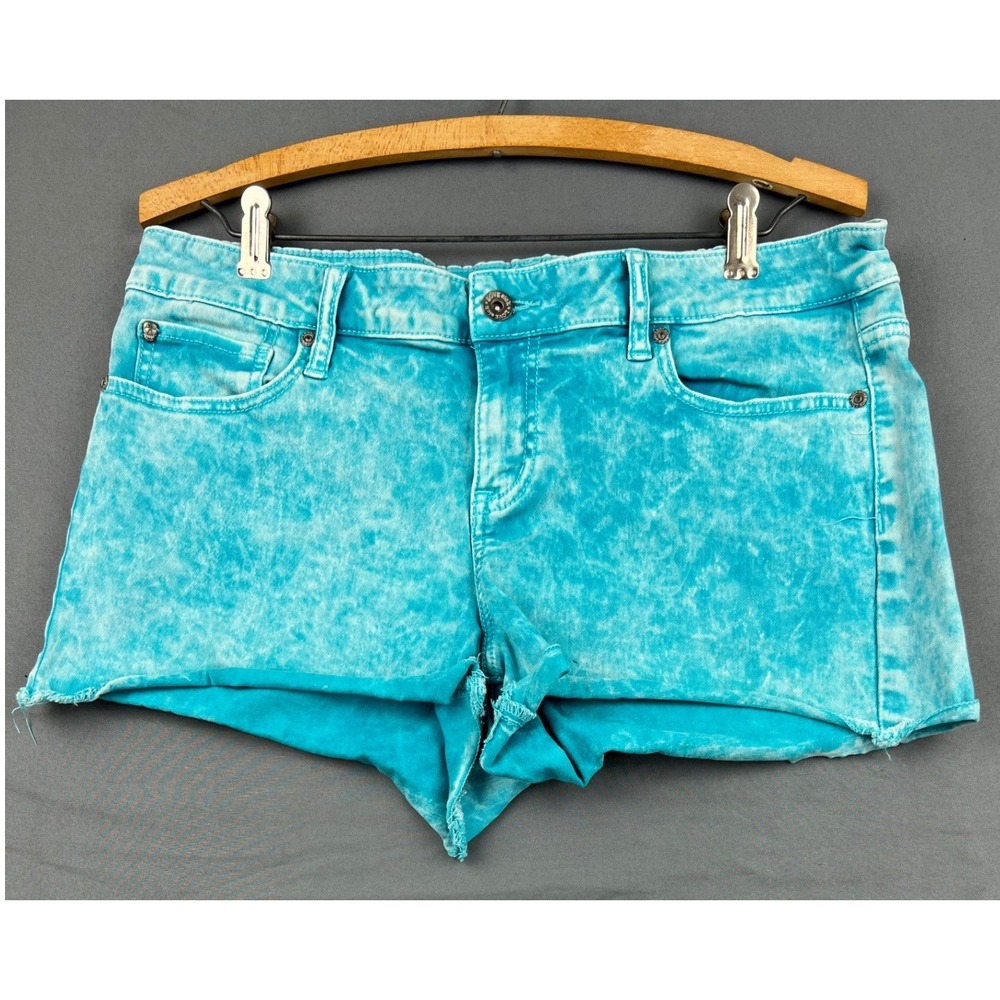 Lovesick Denim Shorts Womens 13 Acid Wash Turquoise Blue Raw Hem Cut Off Good